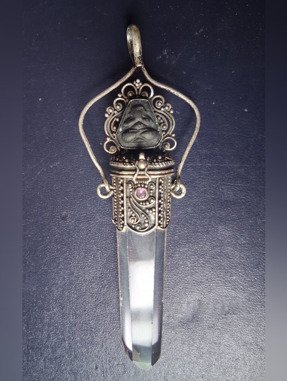Sterling-Style Clear Quartz Point Pendant with Amethyst Stone Accent